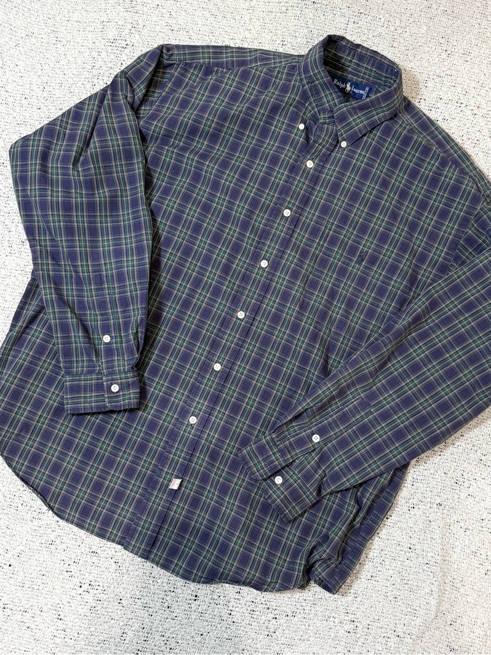 Vintage Ralph Lauren Green and Navy Plaid Button-Down Shirt Approx XL